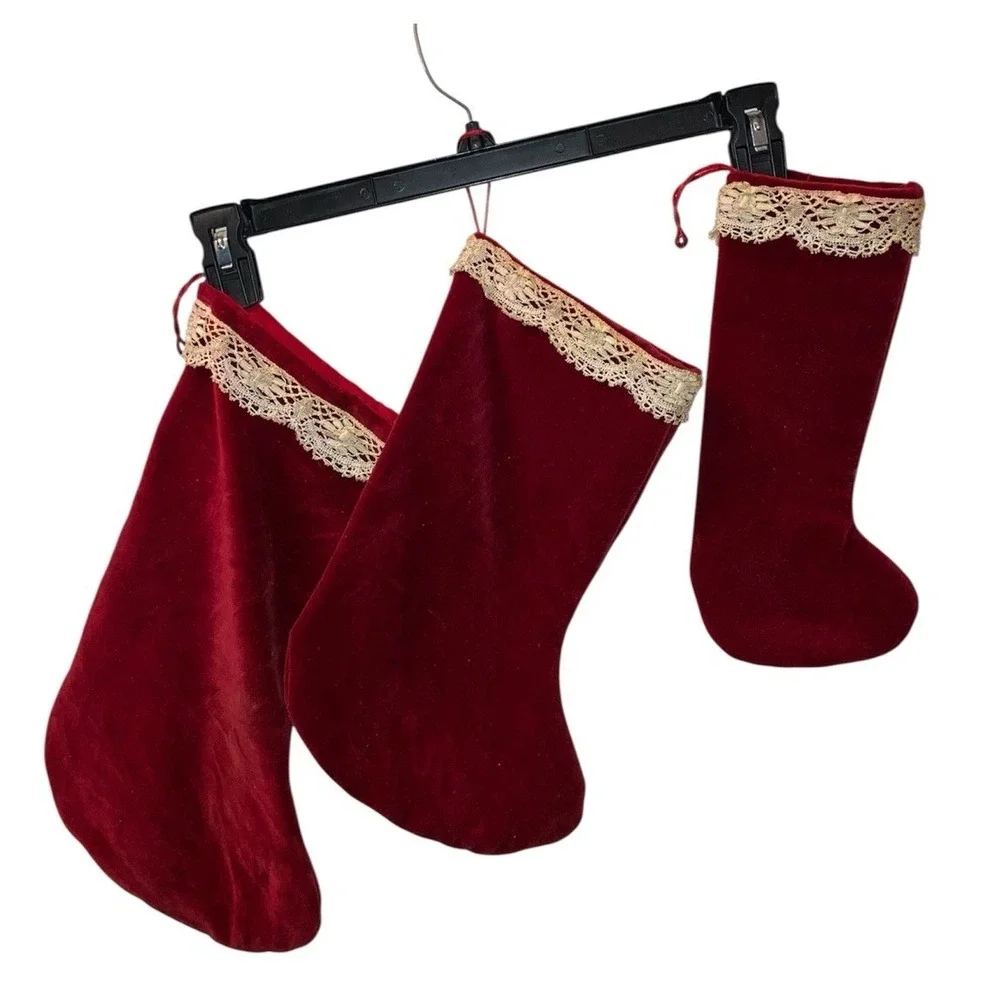 Christmas Stocking 3 Set Handmade 80's Red Velvet Lace Vintage Set Of 3 Unique